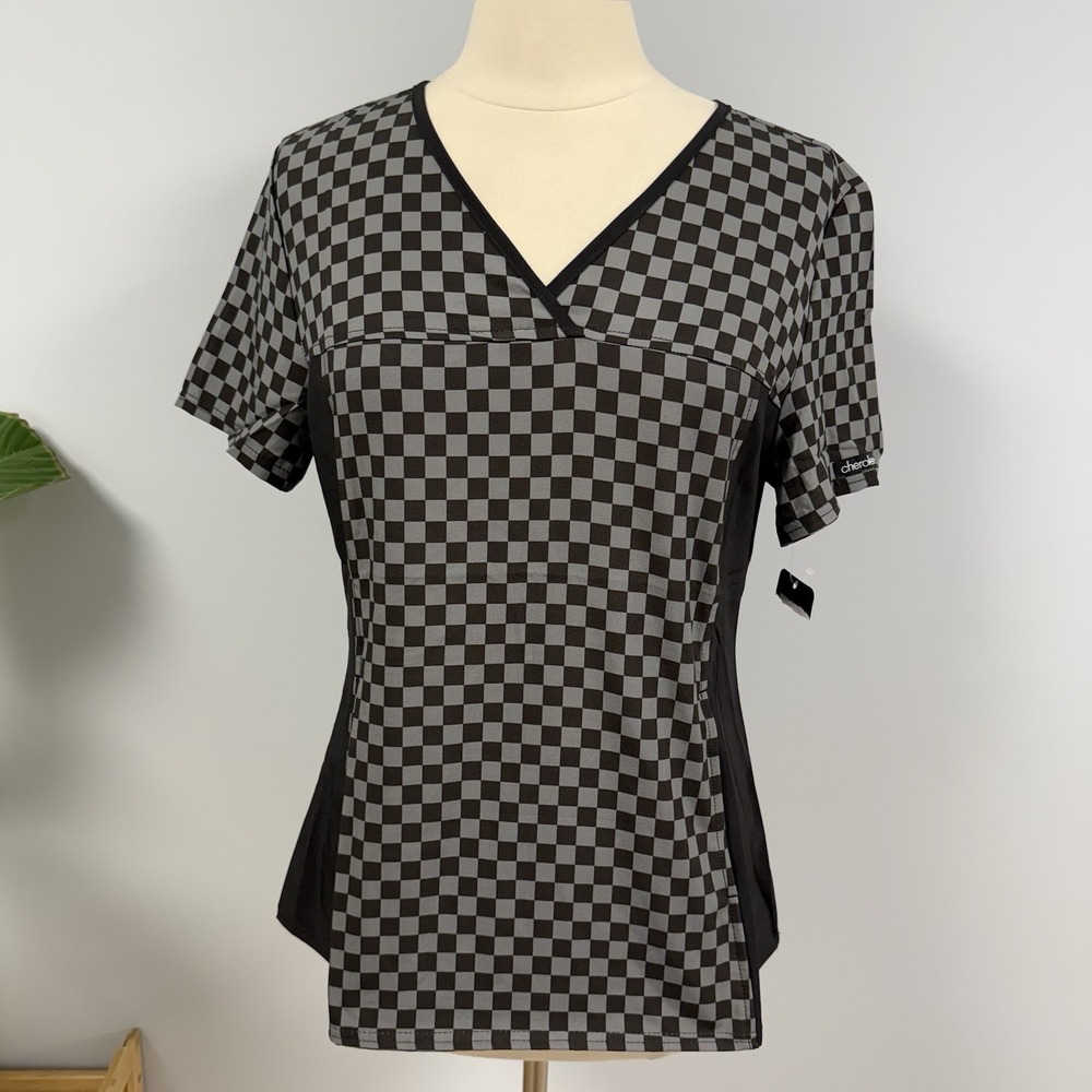 NWT Cherokee Scrub Top L Black & Pewter Gray Check Scrubs Finish Line Flag RN